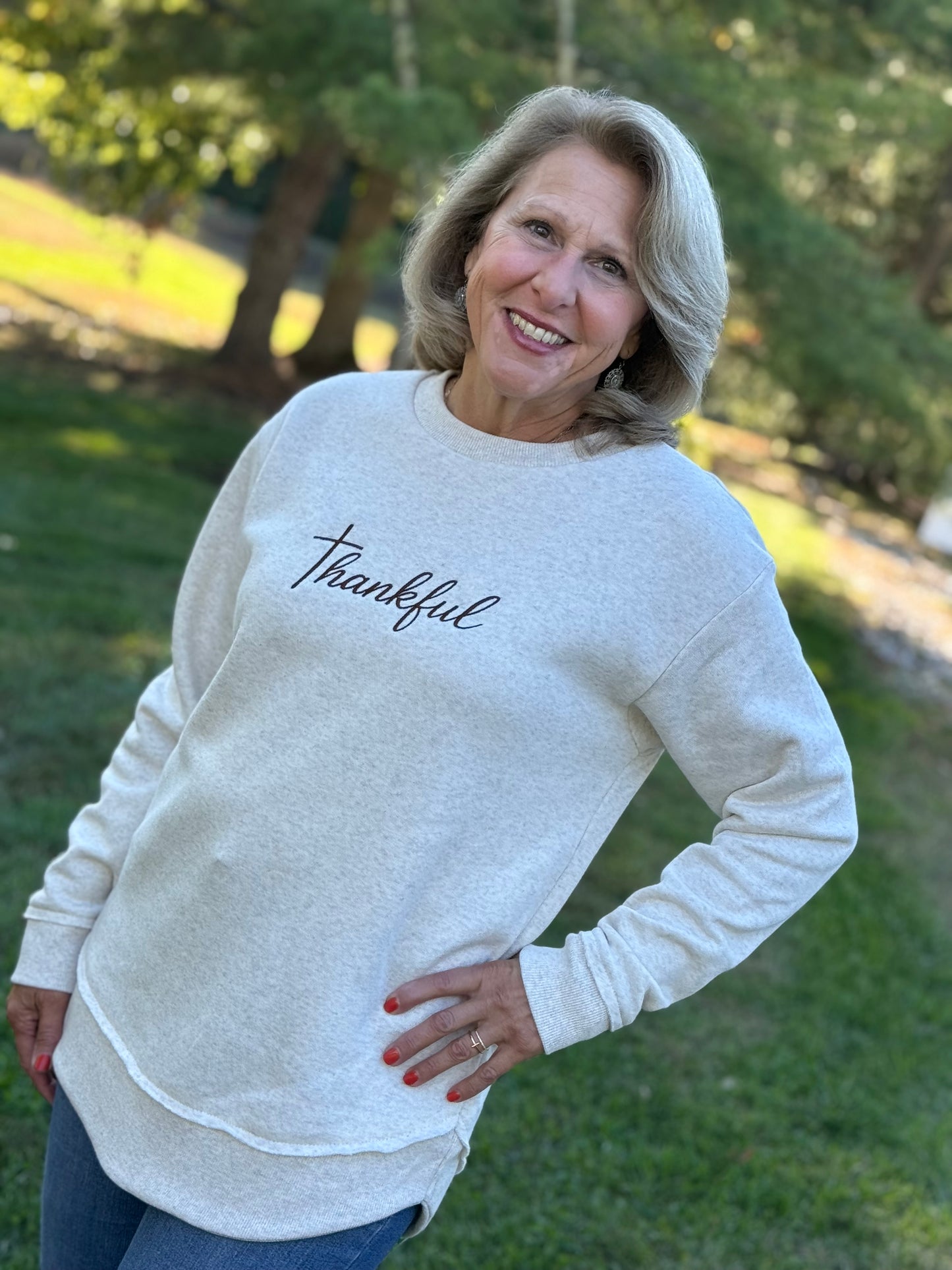 Thankful Embroidered Ladies Tunic Fleece Sweatshirt