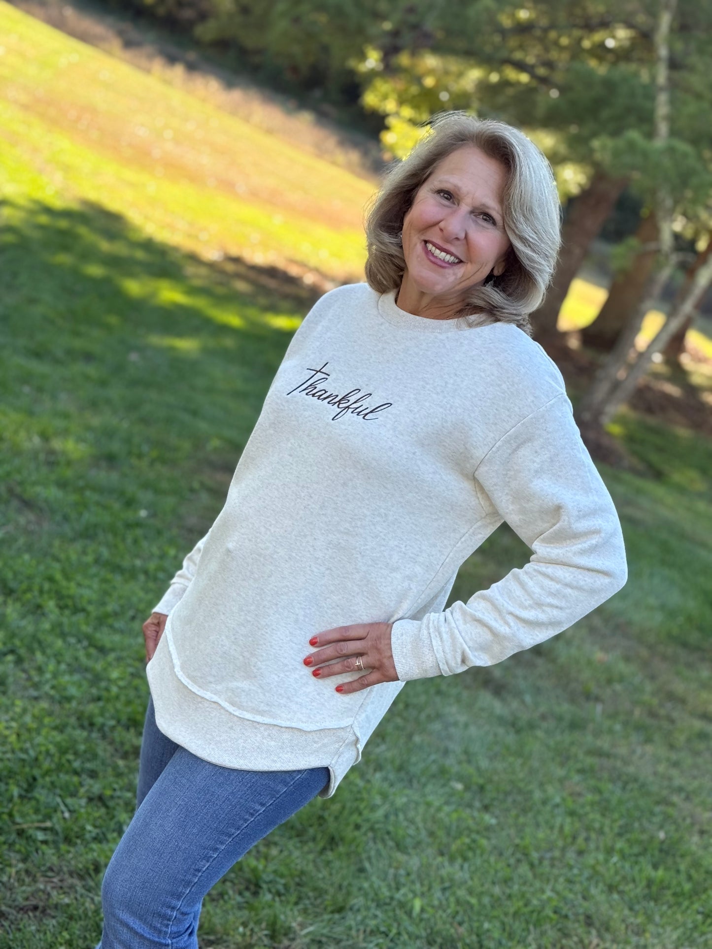 Thankful Embroidered Ladies Tunic Fleece Sweatshirt