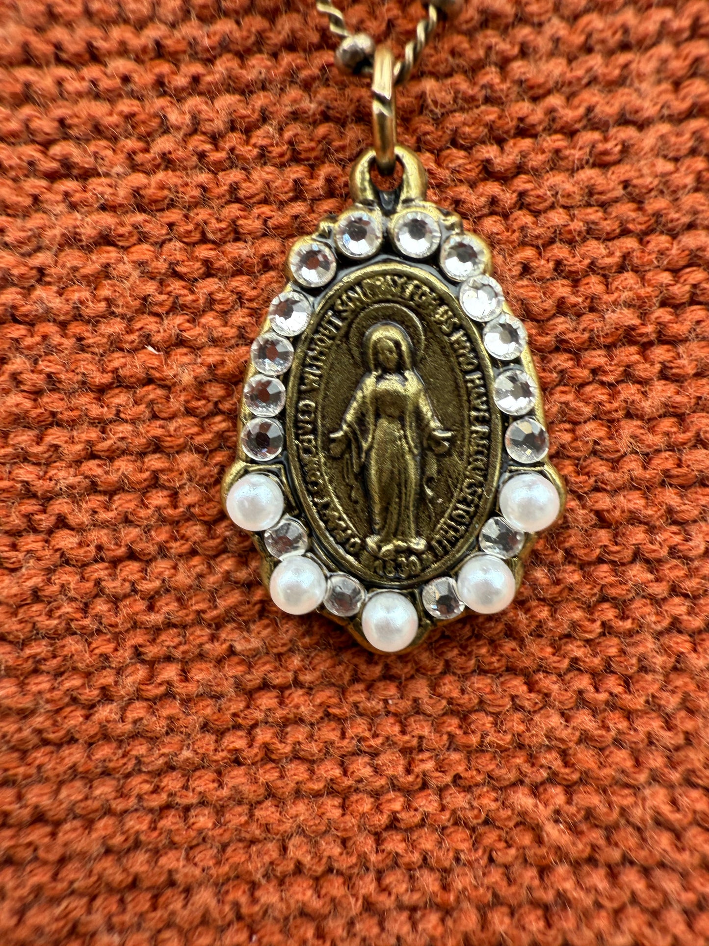 Gold Miraculous Medal Crystal Beaded Necklace