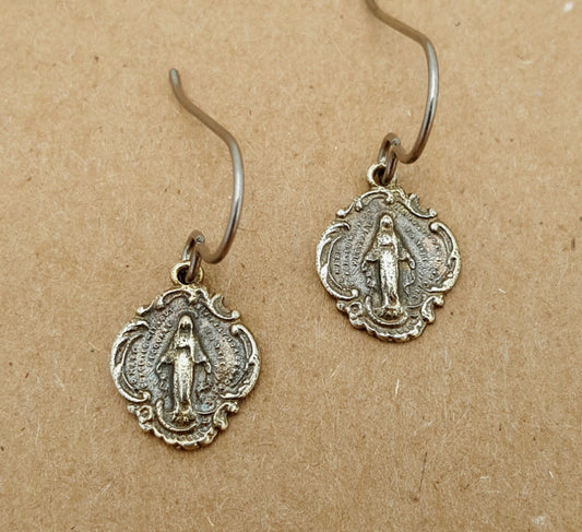 White Bronze Miraculous Medal Earrings