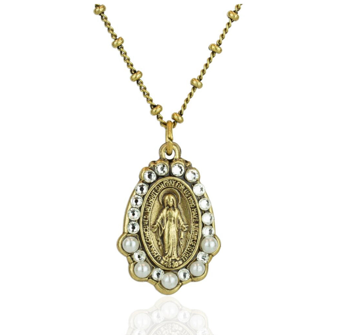 Gold Miraculous Medal Crystal Beaded Necklace