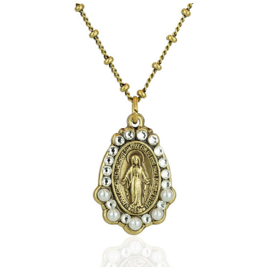 Gold Miraculous Medal Crystal Beaded Necklace