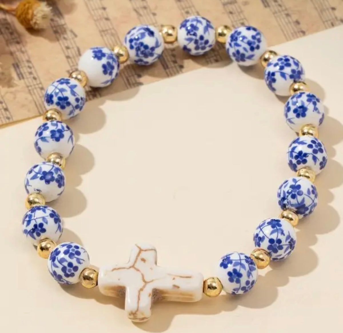 Blue Ceramic Porcelain Cross Bracelet
