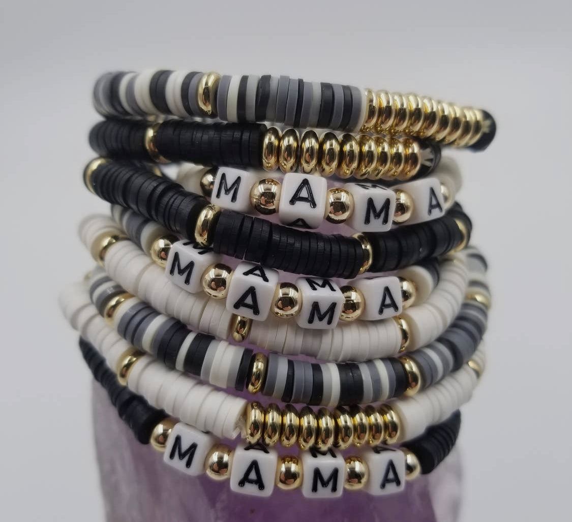 MAMA - Black and White Rubber Beaded Bracelet Set