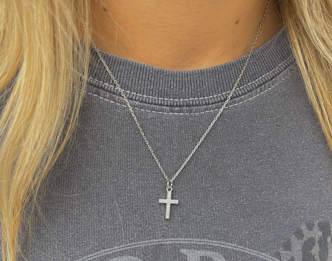 Silver Crystal Cross Necklace