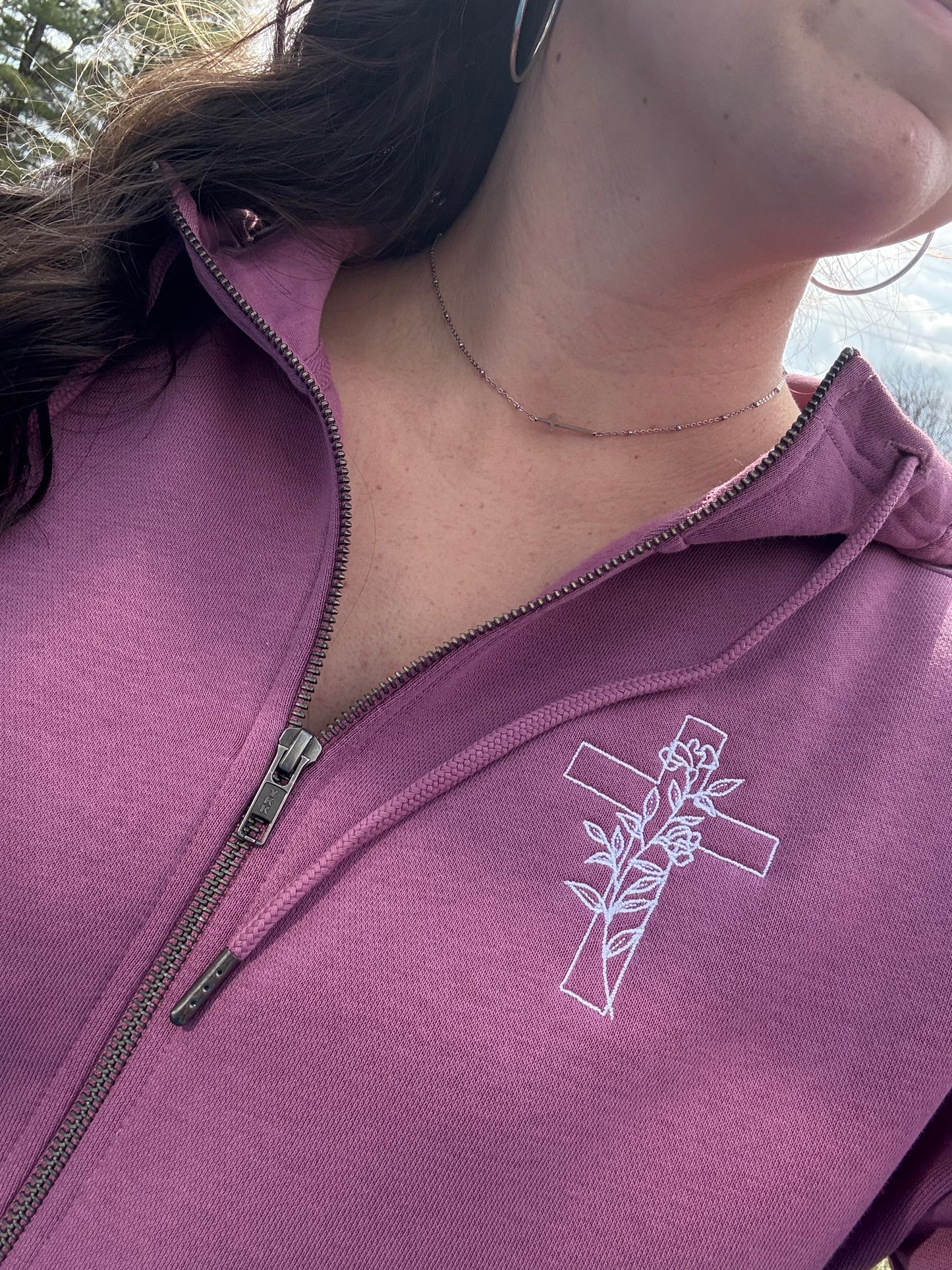 Ladies Full Zip Hooded Jacket with an Embroidered Floral Cross