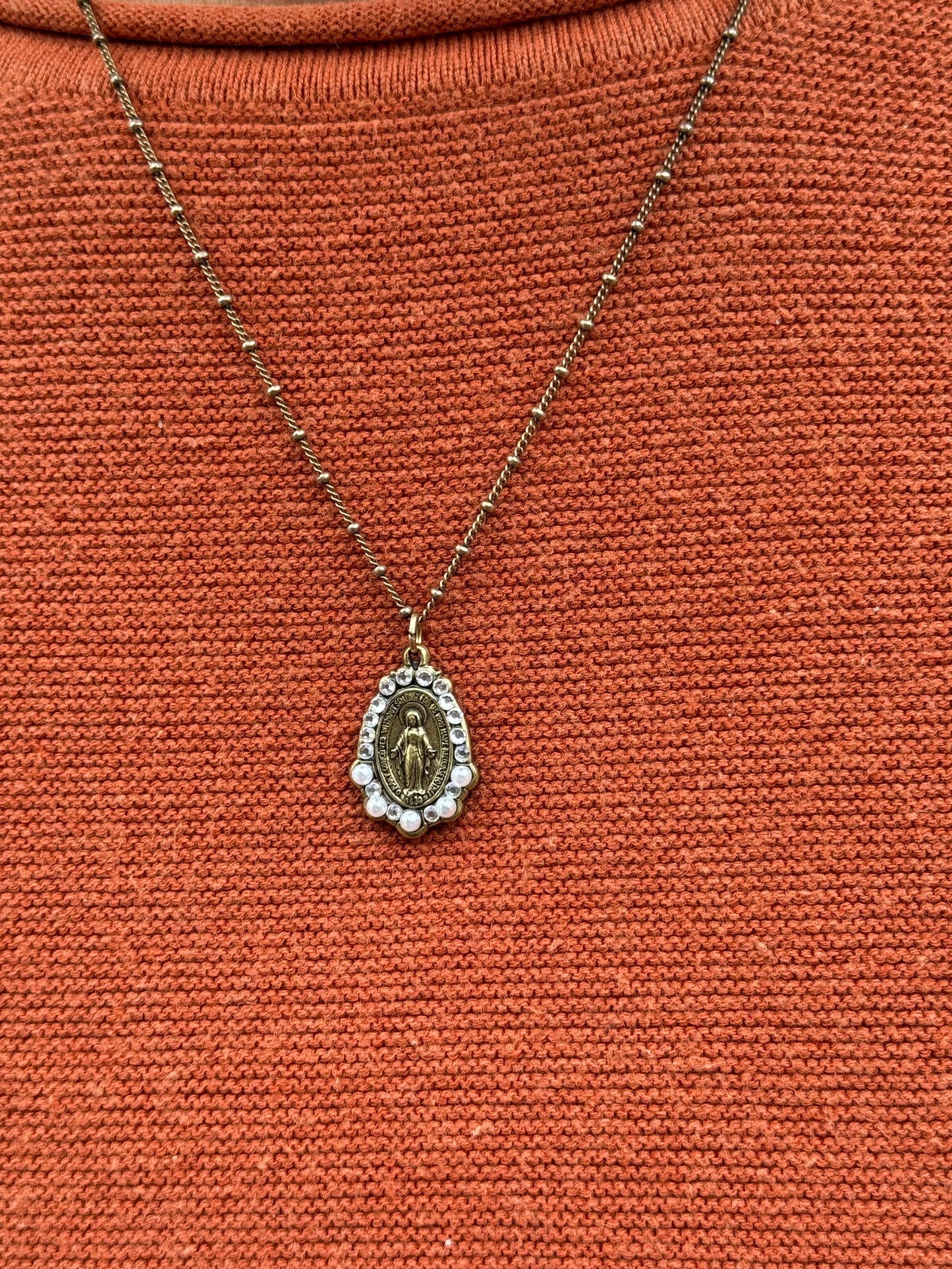 Gold Miraculous Medal Crystal Beaded Necklace